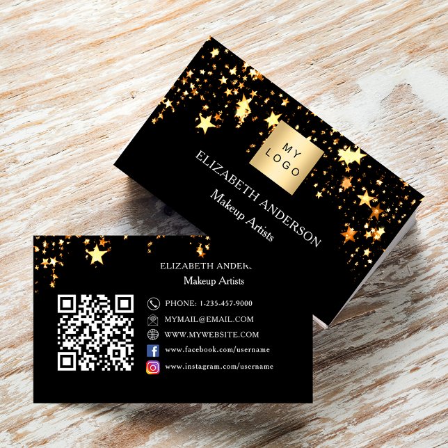 Carte De Visite Logo Black gold stars Qr code médias sociaux (Créateur téléchargé)