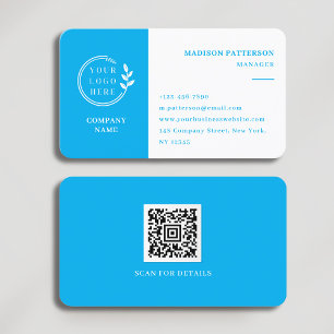 Carte De Visite Logo bleu azur blanc QR Code minimaliste moderne