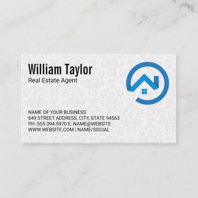Carte De Visite Logo bleu moderne de l'immobilier | Modèle Damask (Devant)