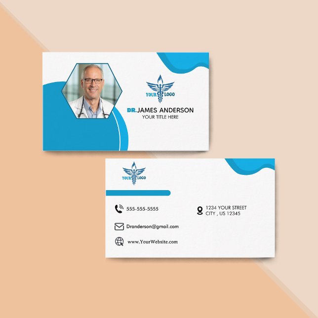 Carte De Visite Logo Caduceus Médicale Modèle Marine Bleu (Medical Caduceus Logo Template Navy Blue Business Card)