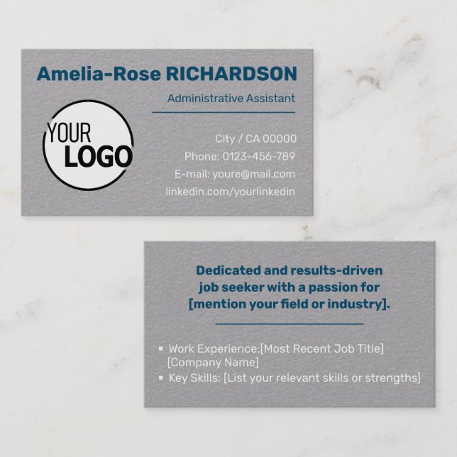 Carte De Visite Logo classique Recherche d'emploi Modèle Gris papi (Devant / Derrière)