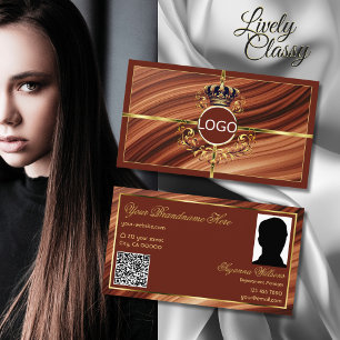 Carte De Visite Logo Classy Royal Brown Gold Crown Photo QR Code