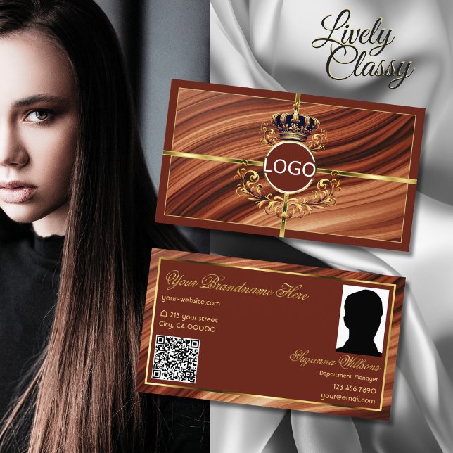 Carte De Visite Logo Classy Royal Brown Gold Crown Photo QR Code (Créateur téléchargé)