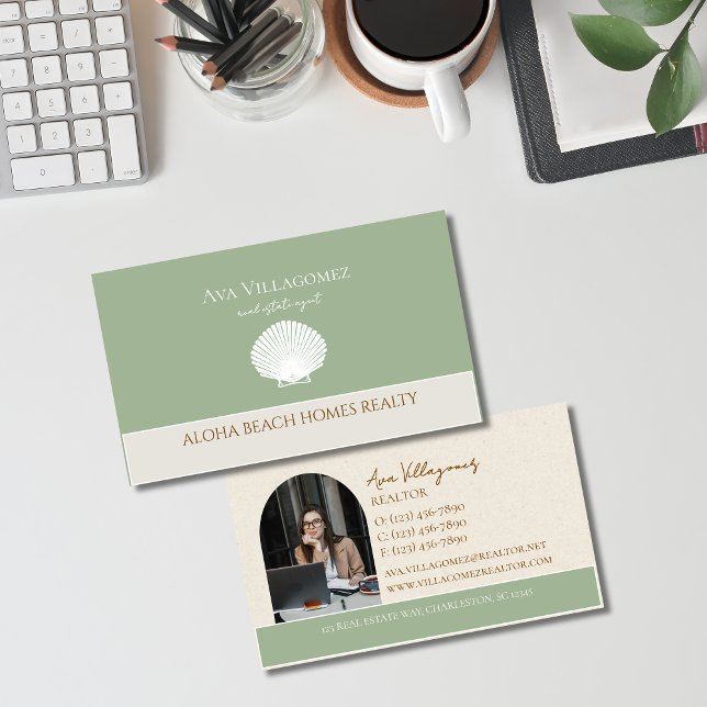 Carte De Visite Logo Coastal Seashell Neutral Immobilier (Elegant and professional agent business card that makes a great first impression!)