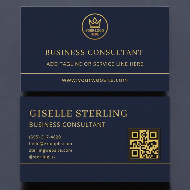 Carte De Visite Logo Code QR Consultant en Affaires Bleu Or (Créateur téléchargé)