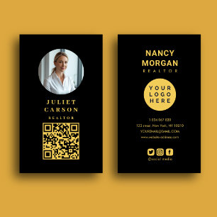 Carte De Visite Logo Code Qr D'agent Immobilier Photo Noir Et Or