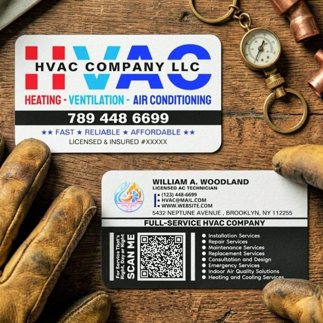 Carte De Visite Logo, code QR et licence - Services de CA modernes (custom modern HVAC business cards for contractors, HVAC business card template, heating and cooling)