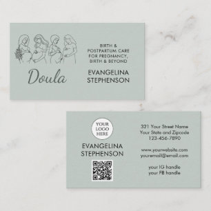 Carte De Visite Logo Code QR Ligne Art Vert Sauge Sage-femme Doula