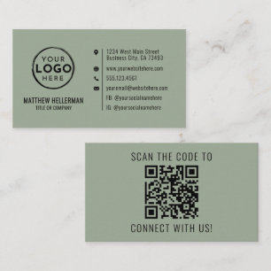 Carte De Visite Logo Code QR Minimaliste Professionnel Vert Sauge