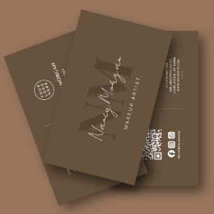 Carte De Visite Logo Code QR Monogramme Marron Maquillage 