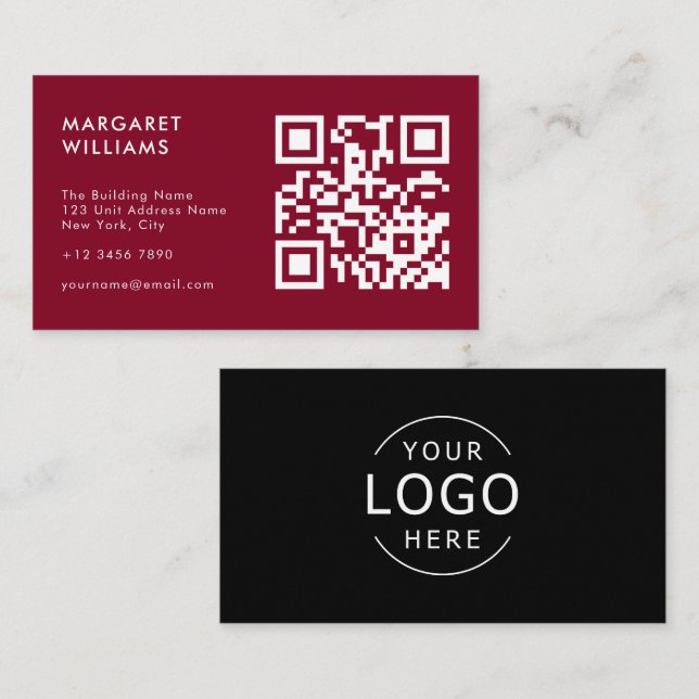 Carte De Visite Logo Code QR Noir & Bourgogne Moderne Professionne (Devant / Derrière)
