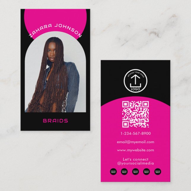 Carte De Visite Logo Code QR Photo Coiffure Maquillage Moderne Ros (Devant / Derrière)