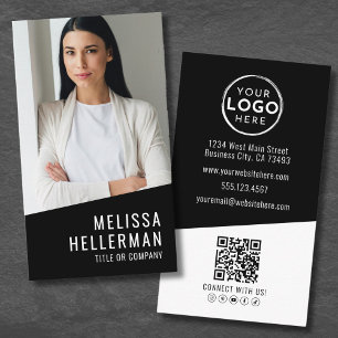 Carte De Visite Logo Code QR Photo Contemporain Noir Vertical