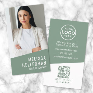 Carte De Visite Logo Code QR Photo Contemporain Vert Vertical