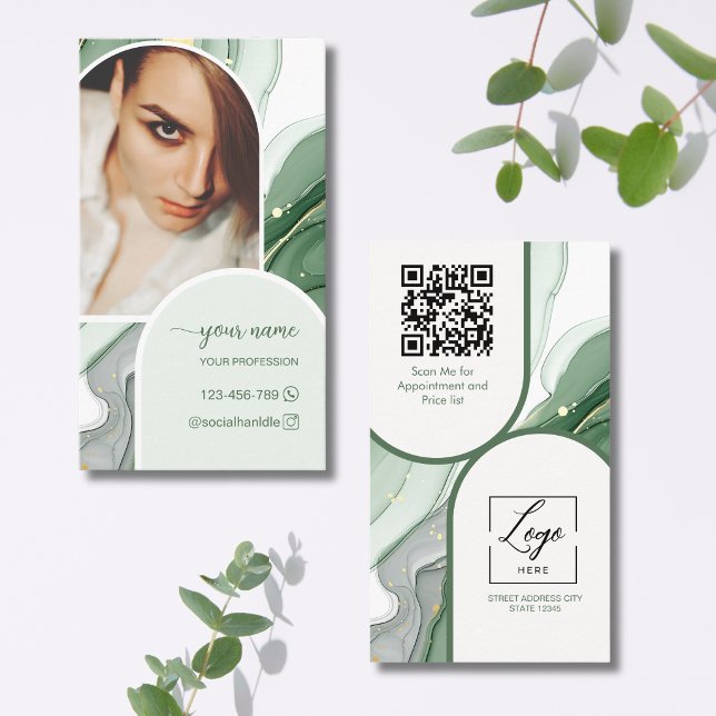 Carte De Visite Logo code QR photo de style moderne vert sauge ave (Créateur téléchargé)