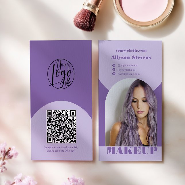 Carte De Visite Logo code QR photo maquillage arc moderne violet (Modern arch makeup purple photo qr code logo business card)