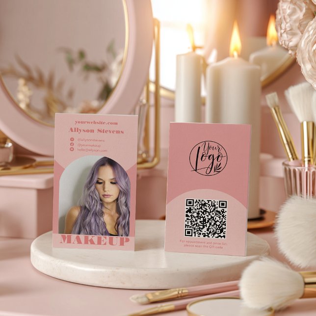Carte De Visite Logo code QR photo maquillage rose arche moderne (Modern arch makeup pink photo qr code logo business card)