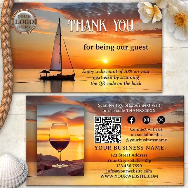 Carte De Visite Logo Code QR Photo Merci Maison d'hôtes (Thank you for your visit photo business card featuring a sailboat at sunset at the coast - QR code )