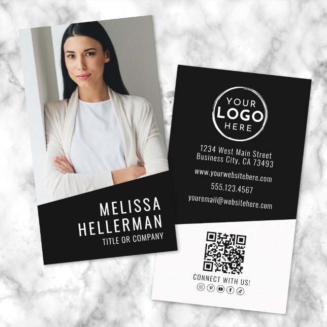 Carte De Visite Logo Code QR Photo Moderne Noir Vertical (Black Modern Photo QR Code Logo Vertical Business Card)