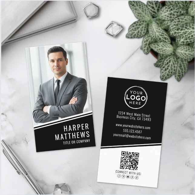 Carte De Visite Logo Code QR Photo Noir Vertical (Black Photo QR Code Logo Vertical Business Card )