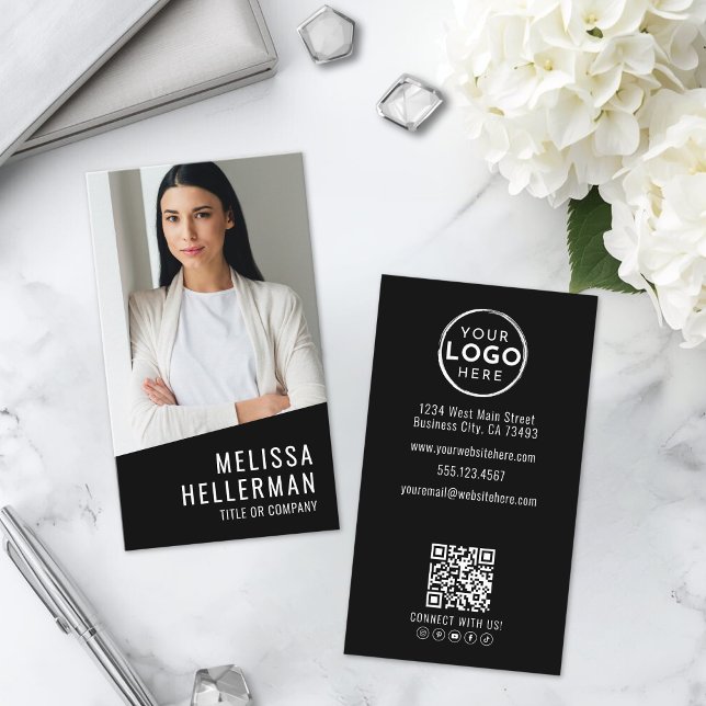 Carte De Visite Logo Code QR Photo Noir Vertical (Black Photo QR Code Logo Vertical Business Card )