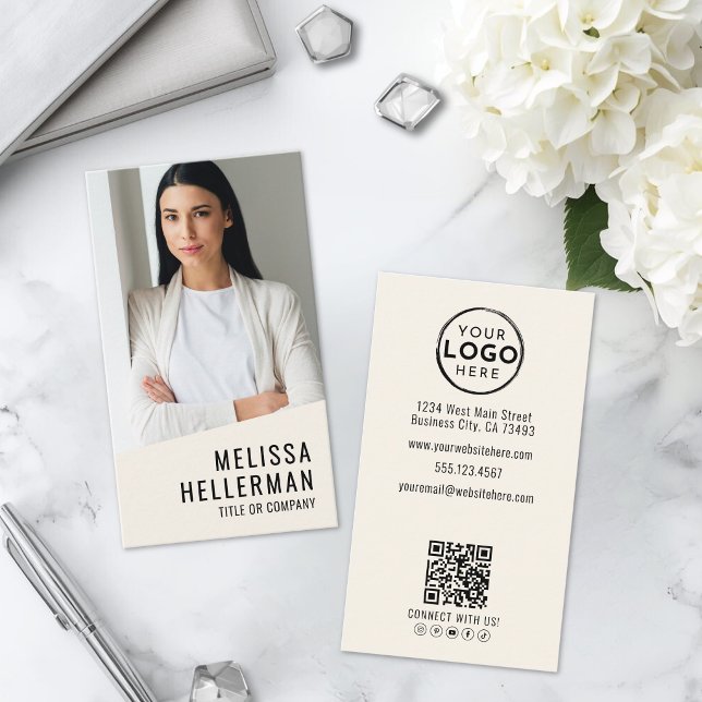 Carte De Visite Logo Code QR Photo Professionnel Vertical (Professional Photo QR Code Logo Vertical Business Card )