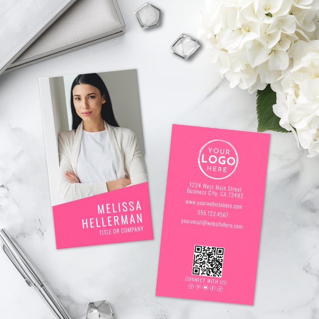 Carte De Visite Logo Code QR Photo Rose Vertical (Pink Photo QR Code Logo Vertical Business Card )