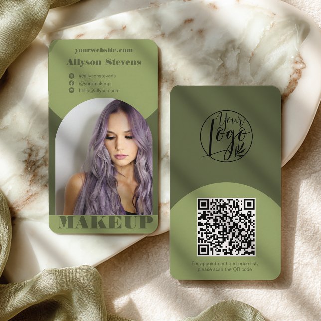 Carte De Visite Logo code QR photo vert maquillage arche moderne (Modern arch makeup green photo qr code logo business card)
