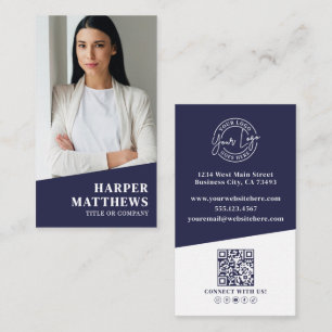 Carte De Visite Logo Code QR Photo Vertical Bleu Marine