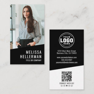 Carte De Visite Logo Code QR Photo Vertical Contemporain Noir