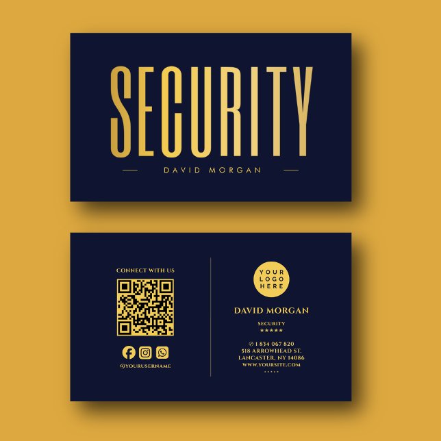 Carte De Visite Logo Code QR Sécurité Navy Et Or (Créateur téléchargé)