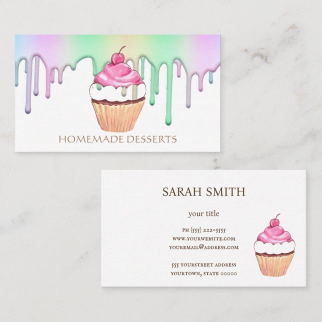 Carte De Visite Logo Cupcake Rainbow Holographic Cute (Devant / Derrière)