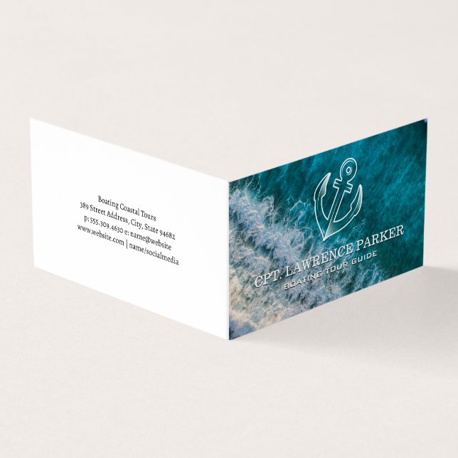 Carte De Visite Logo d'ancre | Vagues océaniques | Bateau (Extérieur)