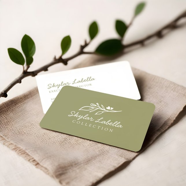 Carte De Visite Logo d'art moderne Floral Botanic Line Vert olive (Modern Floral Botanic Line-art Logo Olive Green Business Car)
