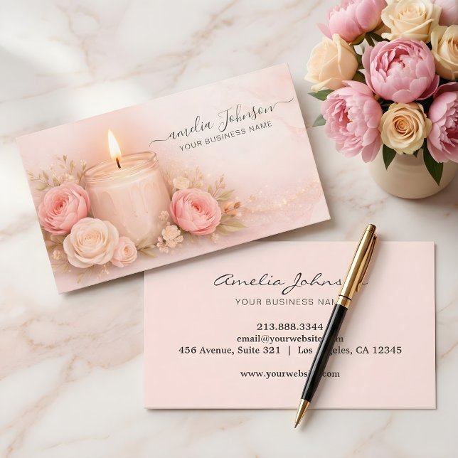 Carte De Visite Logo de Bougie Rose Rose Douce de Luxe (Créateur téléchargé)