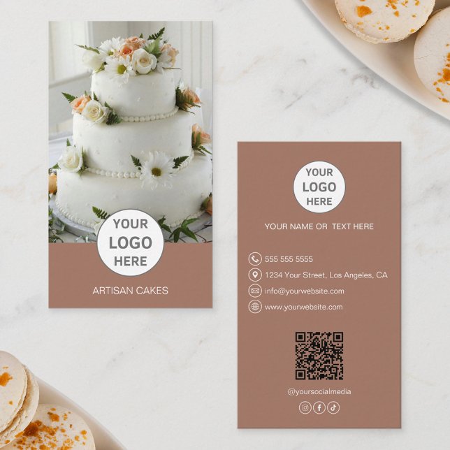 Carte De Visite Logo de Boulangerie de Gâteaux Marron (Cake Bakery Logo Photo Brown Business Card)