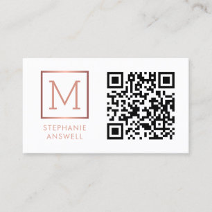 Carte De Visite Logo de code QR blanc Monogramme Rose Gold