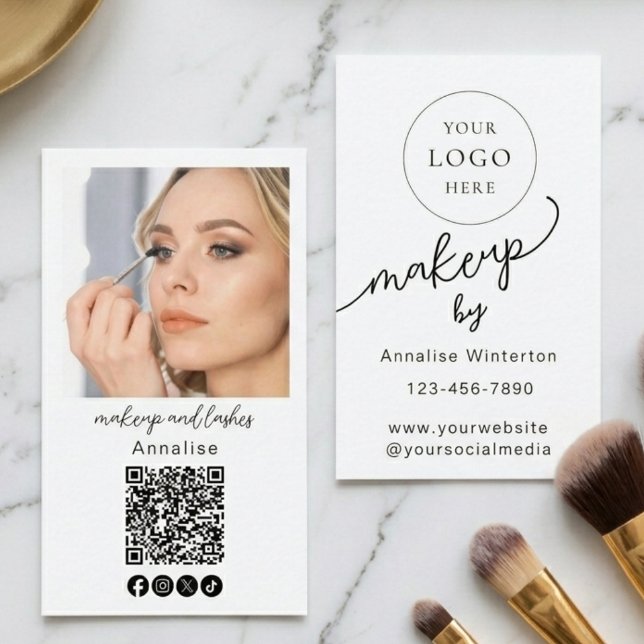 Carte De Visite Logo de code QR de photo de maquillage de script n (Créateur téléchargé)