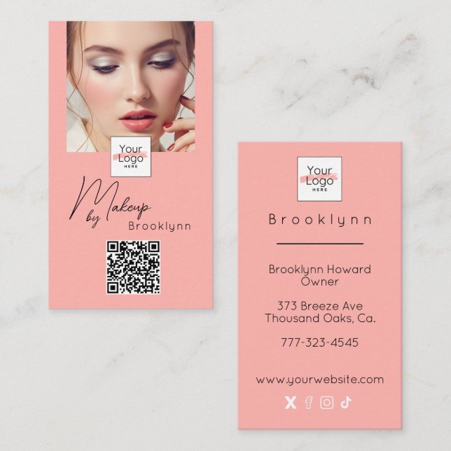 Carte De Visite Logo de code QR de photo de maquillage en écriture (Devant / Derrière)