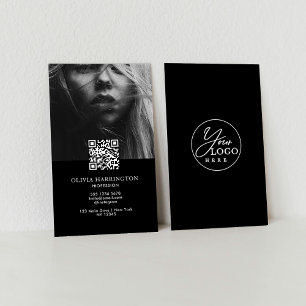Carte De Visite Logo de code QR de photo noir au format minimal