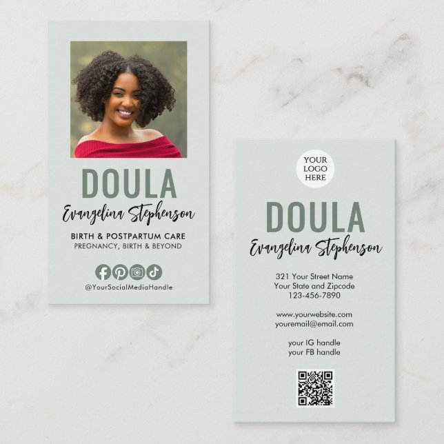 Carte De Visite Logo de code QR de script vert sauge Photo DOULA (Devant / Derrière)