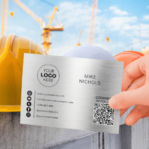 Carte De Visite Logo de code QR métallique argent Connectez-vous a