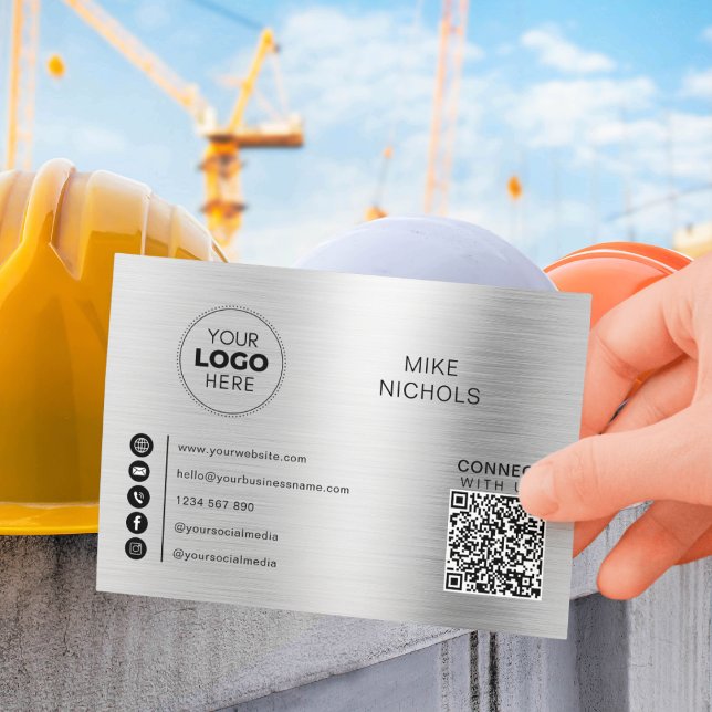 Carte De Visite Logo de code QR métallique argent Connectez-vous a (Créateur téléchargé)