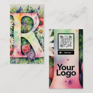 Carte De Visite Logo de code QR monogramme R Daisy Floral Watercol