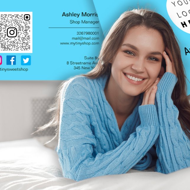 Carte De Visite Logo de code QR personnalisé Social Online Shop Bl (Custom QR Code Logo Social Online Shop Blue Business Card)