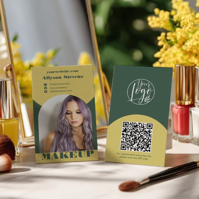 Carte De Visite Logo de code QR photo jaune vert maquillage d'arch (Modern arch makeup yellow green photo qr code logo business card)