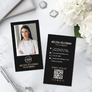Carte De Visite Logo de code QR photo minimaliste or noir