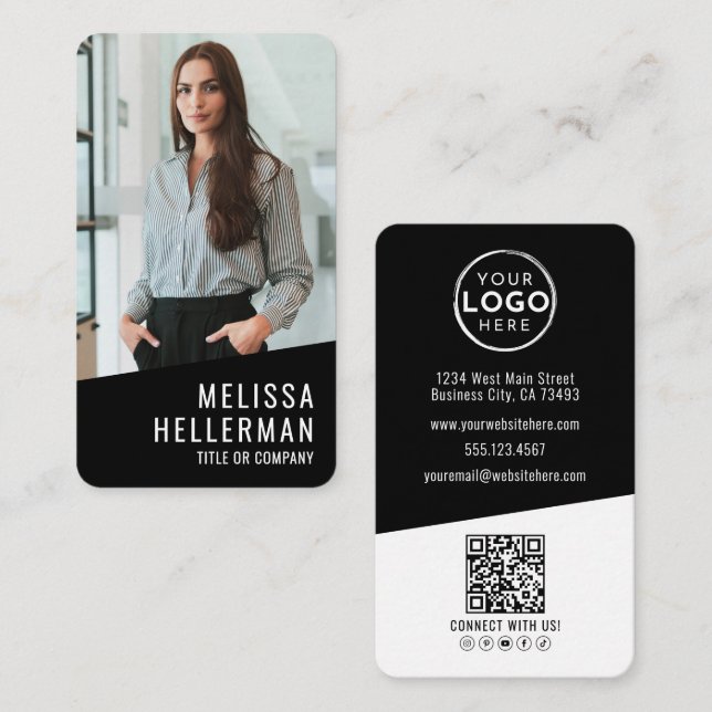 Carte De Visite Logo de code QR photo noir vertical (Devant / Derrière)