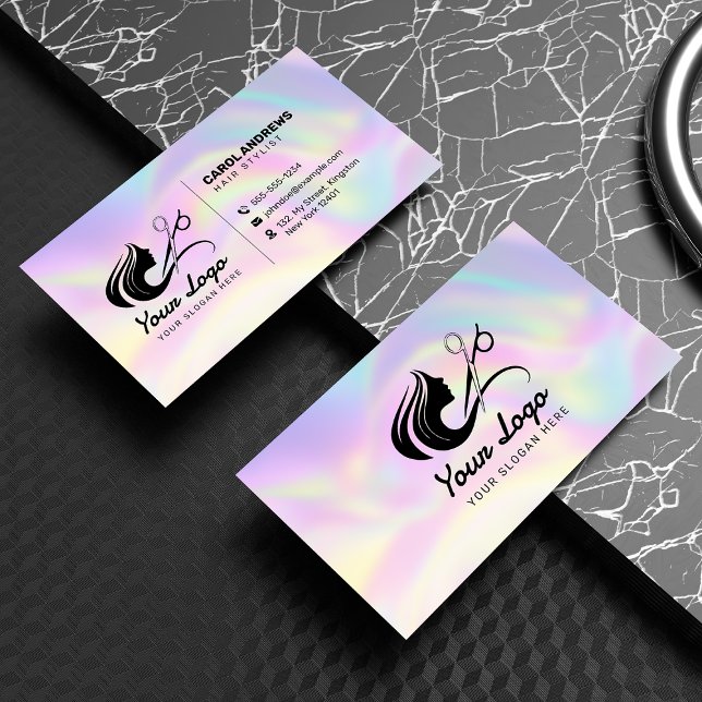 Carte De Visite Logo de coiffeur holographique pastel moderne (Créateur téléchargé)