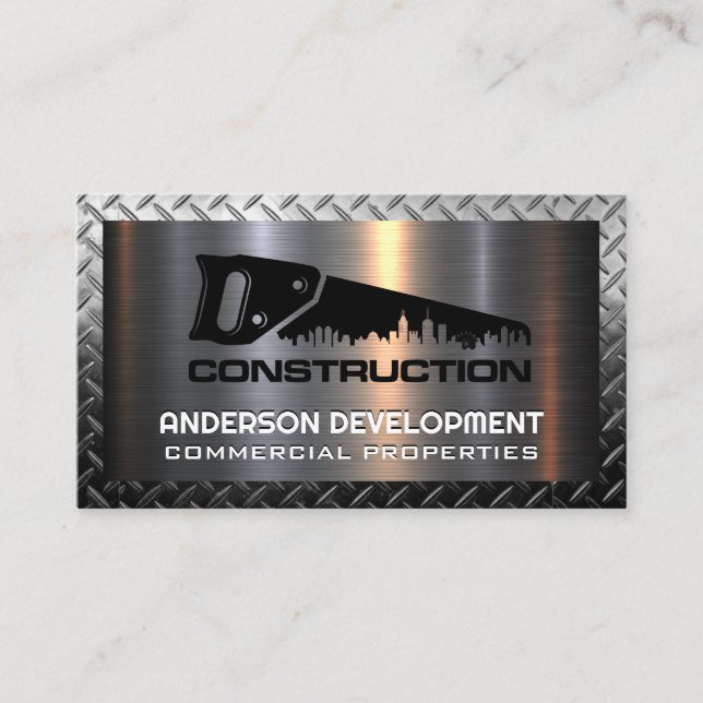 Carte De Visite Logo de construction de scie à main | Métallique (Devant)
